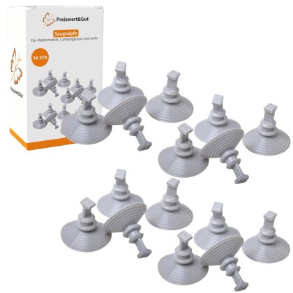 Saugnapf Set 16 Stück Ø 4,4 cm für Thermomatten Frontscheibenabdeckungen geeignet für Wohnmobile Fiat Ducato Peugeot Boxer Citroën PVC grau Rutschverhinderer für Glas Spiegel Fliesen Camping