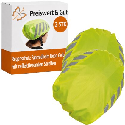 2 x Regenschutz Fahrradhelm Neon Gelb mit reflektierenden Streifen - Helmüberzug Fahrrad Universal passend - Kordelzug