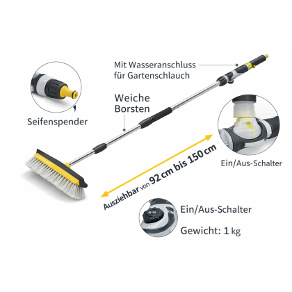 Waschbürste mit Teleskopstiel 92–150 cm – Autowaschbürste Teleskop mit Wischer & Seifenspender – mit Wasseranschluss- ideal für LKW, Wohnmobil, Auto & Caravan – stabile Teleskopstange