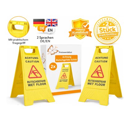 2 x Achtung Rutschgefahr Aufsteller – Warnschild für Nässe und Glätte | Vorsicht Rutschgefahr Schild mit Piktogramm - Größe 60 cm x 21/30 cm