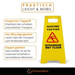 2 x Achtung Rutschgefahr Aufsteller – Warnschild für Nässe und Glätte | Vorsicht Rutschgefahr Schild mit Piktogramm - Größe 60 cm x 21/30 cm
