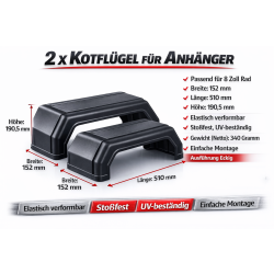 2 x Kotflügel für Anhänger 8 Zoll – Schutzblech für Pferdeanhänger, elastisch, UV-beständig, stoßfest, Maße: 152x510x190,5 mm