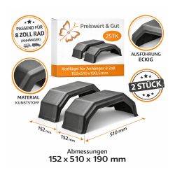 2x Kotflügel Anhänger 152x510x190,5 mm eckig Radkasten für 8 Zoll Rad - Kunststoff - Stoßfest - UV-beständig - stoßfest