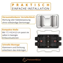 Verteilerdose Anhänger 8x4 polig für Fahrzeug Elektrik im Außenbereich Verbindungsdose aus PA Polyamid mit Aluminium Abdeckplatte, spritzwassergeschützt, Maße 17,1 x 9,3 x 3,3 cm, Montage am Fahrzeug