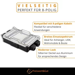Verteilerdose Anhänger 8x4 polig für Fahrzeug Elektrik im Außenbereich Verbindungsdose aus PA Polyamid mit Aluminium Abdeckplatte, spritzwassergeschützt, Maße 17,1 x 9,3 x 3,3 cm, Montage am Fahrzeug