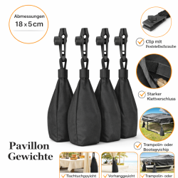 Pavillon Gewichte 4er Set 18 x 5 cm - inkl. Sandsäcke befüllbar Beschwerer für Vorhänge Outdoor als Tischtuchbeschwerer Outdoor UV-beständige zum beschweren mit Clip starkem Klett