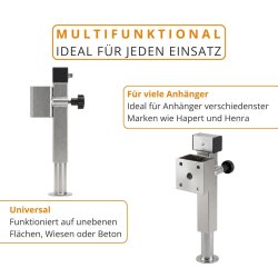 2x Anhängerstützen & Ausdrehstütze Wohnmobil – Stütze 1300 kg, höhenverstellbar 410–655 mm, Stahlrohr 60x60 mm, kippbar – Kurbelstütze und Wohnwagenstützen Anhänger