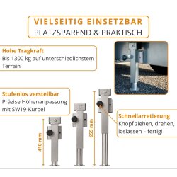 2x Anhängerstützen & Ausdrehstütze Wohnmobil – Stütze 1300 kg, höhenverstellbar 410–655 mm, Stahlrohr 60x60 mm, kippbar – Kurbelstütze und Wohnwagenstützen Anhänger