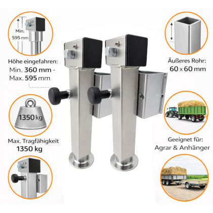 2x Anhänger Stützen Set 2er 360–595 mm – Kurbelstützen je 1350 kg Stützen höhenverstellbar Ausdrehstütze SF60-D85-SW19-225+ADAP