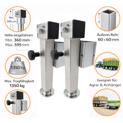 2x Anhängerstützen 360-595 mm bis 1350 kg – verzinkt SF60-D85-SW19-225+ADAP