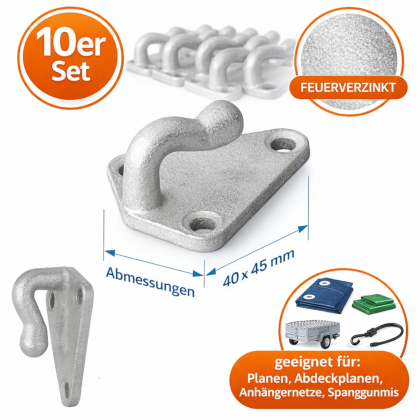 Planenhaken 10er Set 41x51 mm aus feuerverzinktem Gusseisen. Dreiloch-Haken für Anhängernetze und Planen. Robust, korrosionsgeschützt, ideal für Autoanhänger