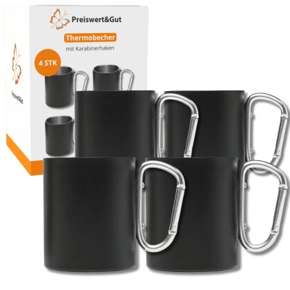 Edelstahl Isolierbecher 4er Set schwarz 300 ml mit Henkel Karabinerhaken doppelwandige Thermotassen für Kaffee Tee Camping Arbeit Outdoor