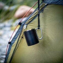 Edelstahl Isolierbecher 4er Set schwarz 300 ml mit Henkel Karabinerhaken doppelwandige Thermotassen für Kaffee Tee Camping Arbeit Outdoor