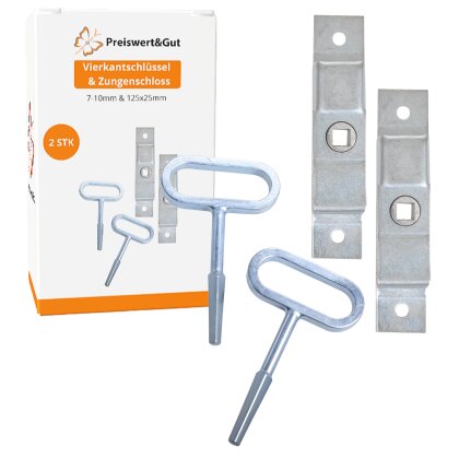 2 x Vierkantschlüssel 7-10mm & 2 x Zungenschloss 100x19mm auch genannt Klappenverschluss, Schließriegel - Perfekt einsetzbar als Türschlösser oder Riegel.