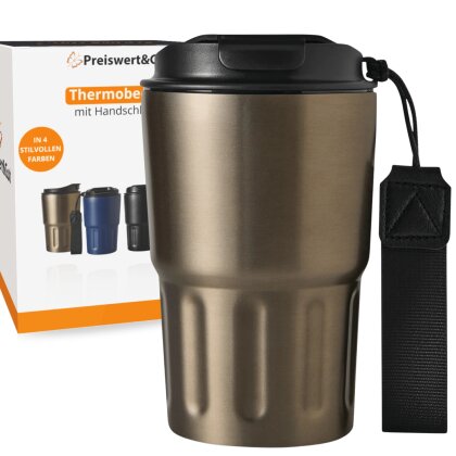 Premium Isolierbecher 8 warm und 12 kühl Stunden 400ml doppelwandig - Komfort-Schraubverschluss integrierter Trinköffnung - Thermobecher mit Handschlaufe aus recyceltem Kunststoff rotguss