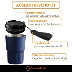 Premium Isolierbecher 8 warm und 12 kühl Stunden 400ml doppelwandig - Komfort-Schraubverschluss integrierter Trinköffnung - Thermobecher mit Handschlaufe aus recyceltem Kunststoff rotguss