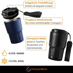 Premium Isolierbecher 8 warm und 12 kühl Stunden 400ml doppelwandig - Komfort-Schraubverschluss integrierter Trinköffnung - Thermobecher mit Handschlaufe aus recyceltem Kunststoff rotguss