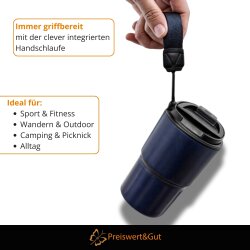 Premium Isolierbecher 8 warm und 12 kühl Stunden 400ml doppelwandig - Komfort-Schraubverschluss integrierter Trinköffnung - Thermobecher mit Handschlaufe aus recyceltem Kunststoff rotguss