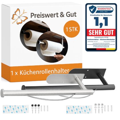 Preiswert&Gut Küchenrollenhalter ohne Bohren - Rollenhalter mit Abroll-Bremse - Ersatz M3 Klebepad - Befestigungsmaterial Wand - ca. 31x4cm - Rostfrei - auch geeignet Küchenpapier- Küchenrolle XXL