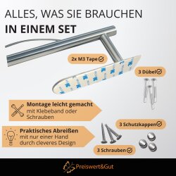 Preiswert&Gut Küchenrollenhalter ohne Bohren - Rollenhalter mit Abroll-Bremse - Ersatz M3 Klebepad - Befestigungsmaterial Wand - ca. 31x4cm - Rostfrei - auch geeignet Küchenpapier- Küchenrolle XXL