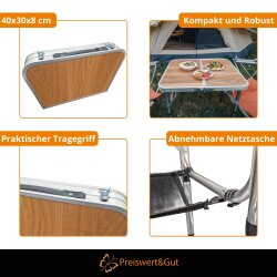 Campingtisch faltbar Höhenverstellbar 26/50/62 cm  Camping Tisch klappbar kleines Packmaß 40×30×8 cm mit Netz 60×40 cm ausgeklappt Aluminium MDF 30 kg Traglast 2,5 kg Eigengewicht