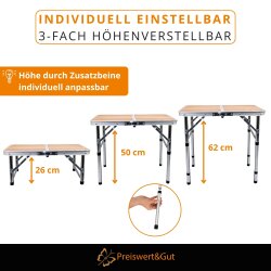 Campingtisch klappbar 60x40cm Höhenverstellbar 26cm 50cm 62cm 2,5kg Traglast bis 30 kg