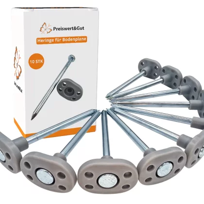 10× Heringe für Bodenplane Zeltheringe 10cm Ø6mm Stahl silber mit Kunststoffkopf zum Einschlagen für Campingzelte Vorzelte, Sonnensegel, Pavillon Vorzeltteppich