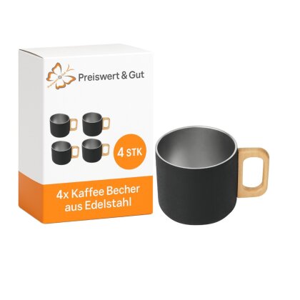 4x Kaffee Becher Edelstahl und Holzhenkel – kompakter Trinkbecher Ø8,5x8cm in Schwarz pflegeleicht Tasse Edelstahl Büro