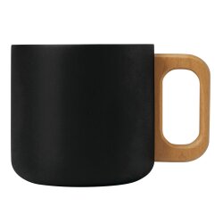 4x Kaffee Becher Edelstahl und Holzhenkel – kompakter Trinkbecher Ø8,5x8cm in Schwarz pflegeleicht Tasse Edelstahl Büro