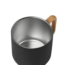 4x Kaffee Becher Edelstahl und Holzhenkel – kompakter Trinkbecher Ø8,5x8cm in Schwarz pflegeleicht Tasse Edelstahl Büro