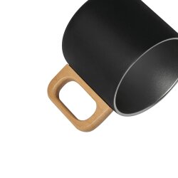 4x Kaffee Becher Edelstahl und Holzhenkel – kompakter Trinkbecher Ø8,5x8cm in Schwarz pflegeleicht Tasse Edelstahl Büro
