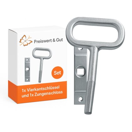 Vierkantschlüssel 7 bis 10 mm und Zungenschloss 10 x 2 cm Set aus Stahl für Anhängerklappen Innenvierkant Klappenverschluss und Türverriegelung 2 teilig robust langlebig Silber