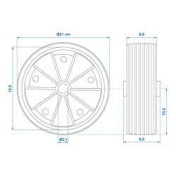 2x Ersatzrad Stützrad für Anhänger – Ø 215mm, 20mm Achsbohrung, 90mm Nabe – robustes Anhänger Zubehör für Wohnwagen, PKW-Anhänger