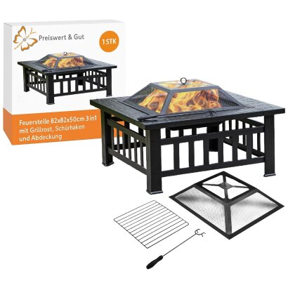 Preiswert & Gut Feuerstelle oder Eiskübel 82x82x50cm 3in1 mit Grillrost mit Abdeckung & Schürhaken - Feuerschale 80cm für den Garten, Terrasse - Holzgrill, 3in1 BBQ Grill - Feuerkorb mit Funkenschutz