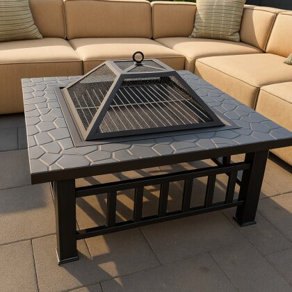 Xbro 3-in-1 Feuerstelle Für Den Garten, Mit Grillrost Und Funkenschutz, Feuerschale Zum Heizen, Grillen Und Kühlen Von Getränken, Schwarz, 81x81x35 Cm