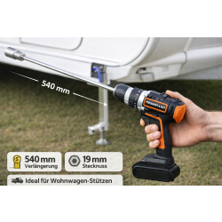 Wohnwagen Kurbel für Akkuschrauber 54 cm stabile Stahl Verlängerung 19 mm 6-Kant Adapter für Kurbelstützen und Ausdrehstützen