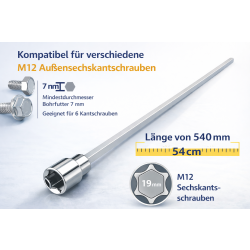 Wohnwagen Kurbel für Akkuschrauber 54 cm stabile Stahl Verlängerung 19 mm 6-Kant Adapter für Kurbelstützen und Ausdrehstützen