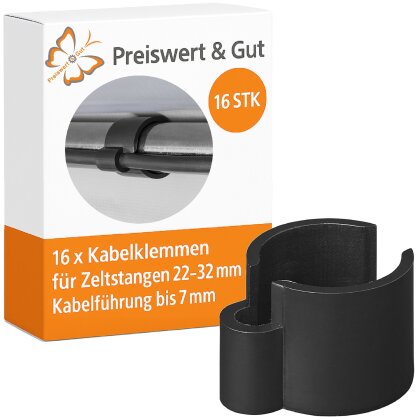 Kabelklemmen Set 16 Stück schwarz – Kabelführung bis 7 mm für Zeltstangen 22–32 mm – Montage ohne Bohren – ideales Zeltzubehör für Pavillon, Wohnmobil, Vorzelt & Camping
