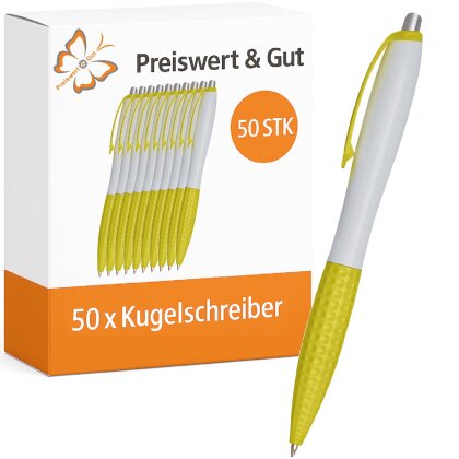 Kugelschreiber 50 Stück weiß gelb schwarzschreibend 14 cm mit Druckmechanismus ergonomischer Griffzone aus Kunststoff