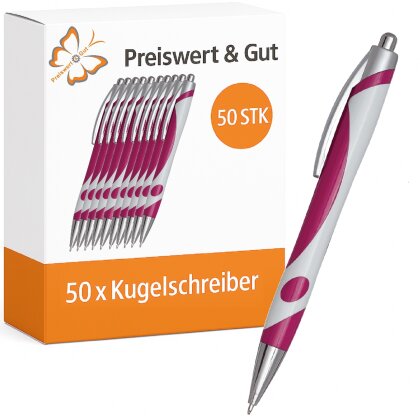 Kugelschreiber 50 Stück dunkelmagenta weiß schwarzschreibend 14,3 cm mit Druckmechanismus ergonomischer Griffzone aus Kunststoff