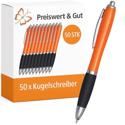 50 x Kuli Schreibgeräte, Kugelschreiber Set in orange/schwarz – 14 cm, Druckmechanismus, Großraummine, blauschreibend, Schreibset