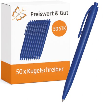 50x Kugelschreiber blau aus Kunststoff mit Druckmechanismus schwarzschreibend Set für Büro Schule Freizeit ca. 800–1000 m Schreiblänge 13,8 cm