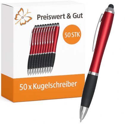 50x Kugelschreiber blau schreibend mit Touchscreen Spitze gummierter Griffzone Drehmechanismus rot