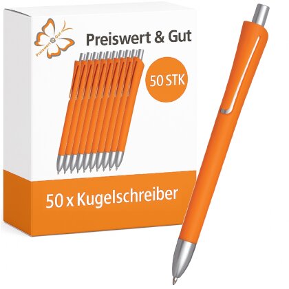 50 x Kuli – Kugelschreiber Set – Schreibgeräte, Druckmechanismus, schwarzschreibend, 14,2cm, Schreibset Orange, Schreiblänge ca. 800-1000m