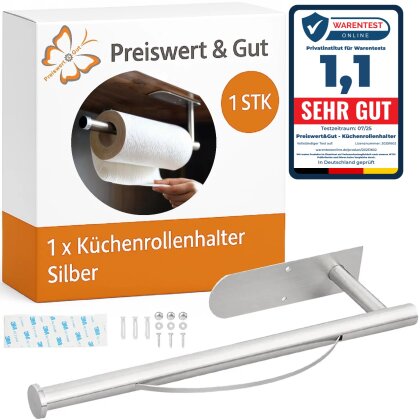 Küchenrollenhalter ohne Bohren Wandhalter aus Edelstahl 304 rostfrei mit Abrollbremse für XXL Küchenrolle bis 14,5 cm Breite