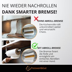 Küchenrollenhalter ohne Bohren mit Abroll-Bremse Premium silber mit M3 Klebepad und Befestigungsmaterial für die Wand