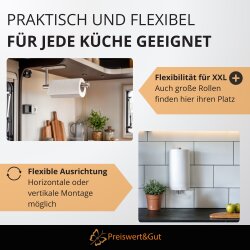Küchenrollenhalter ohne Bohren mit Abroll-Bremse Premium silber mit M3 Klebepad und Befestigungsmaterial für die Wand