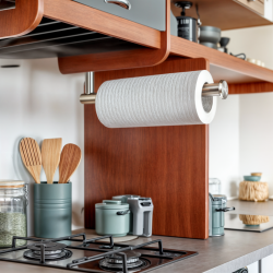 Küchenrollenhalter ohne Bohren mit Abroll-Bremse Premium silber mit M3 Klebepad und Befestigungsmaterial für die Wand