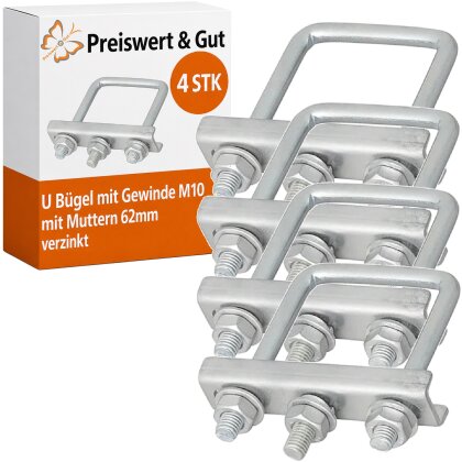 4x U Bügel mit Gewinde M10 für z.b Zaunbefestigung mit Muttern 62mm verzinkt