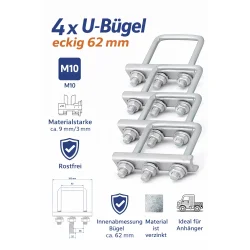 Preiswert&Gut 4 x U Bügel mit Gewinde M10 aus verzinktem Stahl – stabile Bügelschraube mit Muttern & Unterlegscheiben, ideal als Klemmschraube für Anhänger